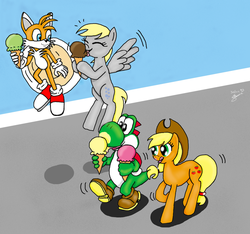 Size: 900x844 | Tagged: safe, artist:sedna93, applejack, derpy hooves, pegasus, pony, yoshi, g4, crossover, female, flying, ice cream, ice cream cone, male, mare, miles "tails" prower, sharing, sonic the hedgehog (series), super mario bros., walking, yoshi's island