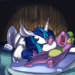 Size: 1024x1024 | Tagged: safe, artist:imsokyo, shining armor, spike, daily sleeping spike, g4, bed, bromance, cute, eyes closed, open mouth, pillow, sleeping, snoring, tumblr