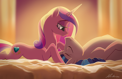 Size: 1280x830 | Tagged: dead source, safe, artist:aliceparkes, princess cadance, shining armor, pony, unicorn, g4, bed, bedroom eyes, eyes closed, female, male, mare, on back, prone, sleeping, smiling, snuggling, stallion, wingless