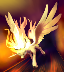 Size: 3120x3532 | Tagged: safe, artist:nadnerbd, princess celestia, alicorn, pony, g4, angry, beautiful, blurry background, celestia is not amused, celestia's crown, dramatic lighting, female, fiery mane, fiery tail, glowing, glowing horn, high res, hoof shoes, horn, large wings, lighting, looking forward, mare, motion blur, nose wrinkle, prime celestia, princess shoes, running, slender, solo, spread wings, thin, this will end in fire, tunnel, unamused, wings