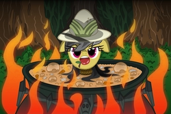 Size: 4500x3000 | Tagged: safe, artist:template93, daring do, pony, g4, apple, apple gag, bondage, cauldron, commission, cooked alive, cooking, danger, female, fire, food, food gag, forest, gag, hat, implied cannibalism, peril, person as food, rope, solo, stew, tied up