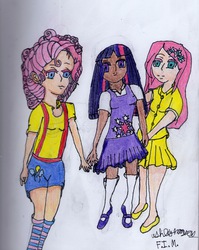 Size: 2221x2796 | Tagged: safe, artist:marinacabyero, fluttershy, pinkie pie, twilight sparkle, human, g4, dark skin, high res, humanized, traditional art