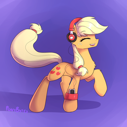 Size: 3000x3000 | Tagged: safe, artist:novabytes, applejack, g4, chest fluff, eyes closed, headphones, high res, mp3 player, smiling