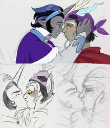 Size: 2530x2948 | Tagged: safe, artist:zabchan, discord, king sombra, human, g4, alternate universe, blushing, captain goodguy, comic, crying, gay, good king sombra, high res, humanized, kiss on the lips, kissing, male, mask, mirror universe, shipping, shock, sir discord, sketch, sketch dump, sombracord, surprise kiss