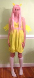 Size: 600x1358 | Tagged: safe, artist:trulyniku, fluttershy, human, g4, clothes, cosplay, feet, irl, irl human, missing shoes, photo, socks