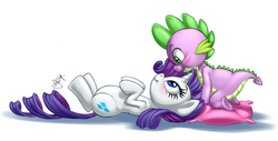 Size: 1200x609 | Tagged: safe, artist:pia-sama, rarity, spike, pony, unicorn, g4, female, male, mare, pillow, ship:sparity, shipping, straight