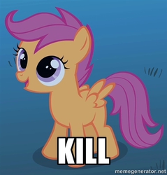 Size: 500x523 | Tagged: safe, scootaloo, g4, female, image macro, meme, murder, one word, open mouth, smiling, solo
