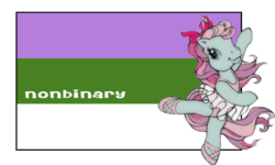 Size: 401x240 | Tagged: safe, loop-de-la, earth pony, pony, g3, ballerina, bow, error, female, genderqueer, genderqueer pride flag, hair bow, mare, pinkiepony, pride flag, smiling, standing, standing on one leg, tail