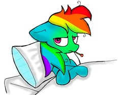 Size: 882x658 | Tagged: safe, artist:rainbowdash-swag, rainbow dash, pegasus, pony, g4, backwards thermometer, bed, blanket, crossed hooves, female, frown, green face, mare, messy mane, pillow, sick, simple background, solo, thermometer, white background