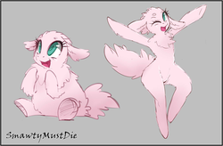Size: 1253x824 | Tagged: safe, artist:smawtymustdie, oc, oc only, oc:fluffle puff, earth pony, fluffy pony, pony, anthro, unguligrade anthro, anthro fluffy, arm hooves, looking up, open mouth, smiling, underhoof, wink