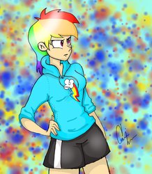 Size: 575x659 | Tagged: safe, artist:rainbowdash-swag, rainbow dash, human, g4, abstract background, angry, clothes, complex background, cutie mark, cutie mark on clothes, grumpy, grumpy dash, humanized, rainbow dash is not amused, shorts, tracksuit, unamused