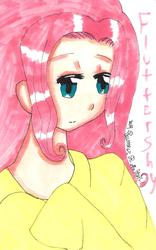 Size: 3192x5100 | Tagged: safe, artist:kidmelton, fluttershy, human, g4, female, humanized, solo, traditional art