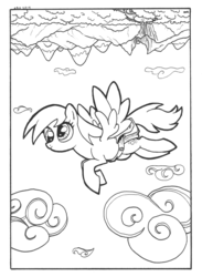 Size: 730x1000 | Tagged: safe, artist:abronyaccount, derpy hooves, pegasus, pony, g4, female, lineart, mailmare, mare, monochrome, solo, upside down