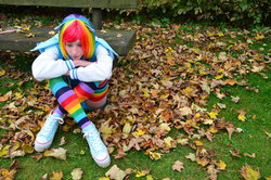 Size: 1280x848 | Tagged: safe, artist:lea-woelfchen, rainbow dash, human, g4, clothes, cosplay, irl, irl human, photo, rainbow socks, socks, striped socks