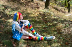 Size: 1280x848 | Tagged: safe, artist:lea-woelfchen, rainbow dash, human, g4, clothes, cosplay, irl, irl human, photo, platform shoes, rainbow socks, socks, striped socks