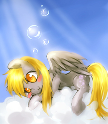 Size: 1800x2077 | Tagged: safe, artist:r-1629, derpy hooves, pegasus, pony, g4, bubble, cloud, female, mare, pixiv, solo