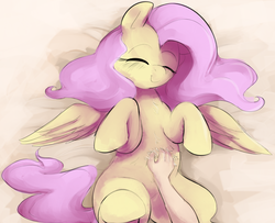 Size: 1034x841 | Tagged: safe, artist:dotkwa, fluttershy, human, pegasus, pony, g4, bellyrubs, c:, cute, eyes closed, female, fluffy, hand, happy, human on pony petting, mare, on back, perspective, petting, pixiv, shyabetes, smiling, solo, spread wings