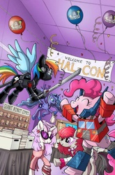 Size: 600x911 | Tagged: safe, artist:caseycoller, idw, dj pon-3, octavia melody, pinkie pie, princess luna, rainbow dash, vinyl scratch, g4, clothes, comic cover, cosplay, costume, cover, crossover, exclusive, g.i. joe, idw advertisement, jem and the holograms, no logo, optimus prime, ponkimus prime, snake eyes, snake eyes (gijoe), textless, transformers