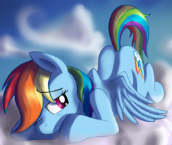 Size: 1600x1359 | Tagged: safe, artist:dripponi, rainbow dash, pony, g4, cloud, cloudy, cute, dashabetes, face down ass up, female, morning ponies, one eye closed, prone, raised tail, sleepy, solo, spread wings