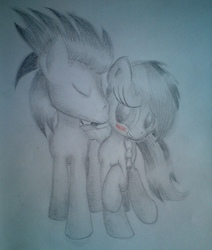 Size: 768x905 | Tagged: safe, artist:skyline14, rainbow dash, soarin', g4, blushing, female, kissing, male, ship:soarindash, shipping, straight, traditional art