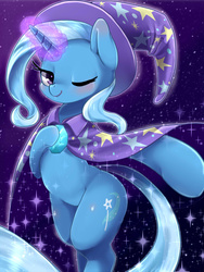 Size: 1200x1600 | Tagged: safe, artist:ayahana, trixie, pony, unicorn, g4, bipedal, blushing, cute, diatrixes, female, glowing horn, horn, magic, magic aura, mare, one eye closed, pixiv, solo, sparkles, wink