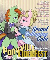 Size: 1000x1200 | Tagged: artist needed, safe, oc, oc only, oc:barley tender, oc:caramel malt, pony, semi-anthro, 2014, barmel, bipedal, clothes, convention, dancing, duo, eye contact, ponyville ciderfest, promo