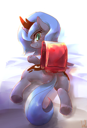 Size: 800x1169 | Tagged: safe, artist:kolshica, princess luna, g4, backpack, crown, cute, digital art, female, filly, jewelry, looking at you, looking back, lying, prone, randoseru, regalia, smiling, solo, woona, younger