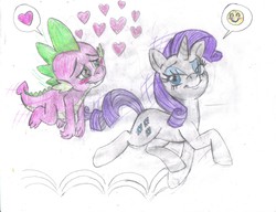 Size: 1632x1255 | Tagged: safe, artist:semijuggalo, rarity, spike, dragon, pony, g4, blushing, duo, female, floating, heart, male, mare, pictogram, prancing, ship:sparity, shipping, simple background, smiley face, smiling, speech bubble, spoken heart, straight, traditional art, trotting, white background