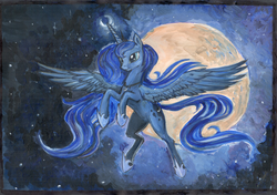 Size: 1024x722 | Tagged: safe, artist:dalagar, princess luna, alicorn, pony, g4, female, mare, moon, night, solo, spread wings, traditional art