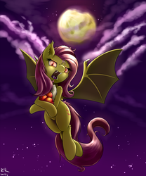 Size: 1250x1500 | Tagged: safe, artist:renatethepony, fluttershy, g4, apple, chest fluff, ear fluff, female, flutterbat, flying, hissing, moon, night, solo, spread wings