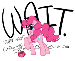 Size: 654x537 | Tagged: artist needed, safe, pinkie pie, g4, coffee, dilated pupils, female, frown, looking at you, mug, open mouth, pinkie found the coffee, raised hoof, solo, this will end in tears, xk-class end-of-the-world scenario