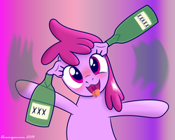 Size: 1226x977 | Tagged: safe, artist:bluemeganium, berry punch, berryshine, earth pony, pony, g4, berrybetes, blushing, bottle, cute, drunk, female, open mouth, silly, silly pony, solo, this will end in pain