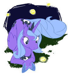 Size: 536x573 | Tagged: safe, artist:firefly, princess luna, alicorn, firefly (insect), insect, pony, g4, female, looking down, lying down, mare, s1 luna, simple background, solo, white background