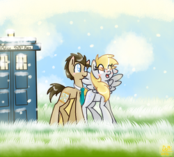 Size: 630x570 | Tagged: safe, artist:derpywhooves2000, derpy hooves, doctor whooves, time turner, pegasus, pony, g4, doctor who, female, mare, snow, snowfall, tardis