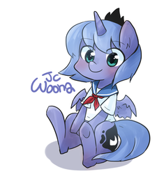 Size: 900x1000 | Tagged: safe, artist:gyaheung, princess luna, alicorn, pony, g4, clothes, female, filly, school uniform, schoolgirl, solo, woona