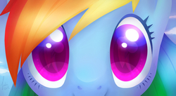 Size: 900x493 | Tagged: safe, artist:nekiw, part of a set, rainbow dash, pegasus, pony, g4, close-up, colored pupils, cutie mark, eyes, female, looking at you, smiling, solo
