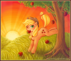 Size: 864x744 | Tagged: safe, artist:noctudelic, applejack, g4, apple, applebucking, applejack mid tree-buck facing the left with 3 apples falling down, applejack mid tree-buck with 3 apples falling down, falling, female, food, mouth hold, solo, sunset, tree, wink