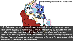 Size: 1280x720 | Tagged: safe, princess celestia, princess luna, pony, g4, headcanon, popcorn, redpilled-mlp-headcanons, remote, s1 luna, trollestia