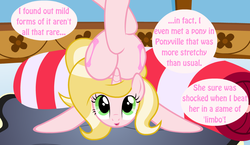 Size: 950x550 | Tagged: safe, artist:facelessjr, oc, oc only, oc:bubblegum kiss, pony, unicorn, ask bubblegum kiss, g4, asshat, backbend, butt, contortionist, dialogue, elastic, flexible, headsit pose, looking at you, open mouth, plot, smiling, solo, stretchy