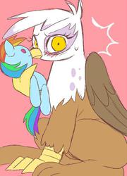 Size: 499x692 | Tagged: dead source, safe, artist:semi-kon, gilda, rainbow dash, griffon, g4, blushing, caught, cute, female, frown, implied gildash, implied lesbian, implied shipping, looking at you, nuzzling, plushie, rainbow dash plushie, sitting, solo, sweatdrop, wide eyes