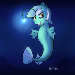 Size: 1000x1000 | Tagged: safe, artist:empyu, lyra heartstrings, angler fish, sea pony, g4, angler seapony, black sclera, female, grin, seapony lyra, sharp teeth, solo, underwater