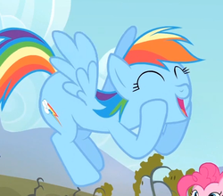 Size: 575x507 | Tagged: safe, screencap, rainbow dash, pegasus, pony, bats!, g4, cropped, cute, dashabetes, eyes closed, female, flying, happy, mare, solo focus