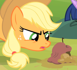 Size: 1192x1080 | Tagged: safe, screencap, applejack, earth pony, pony, bats!, g4, apple, cropped, female, mare, narrowed eyes, rotten apple