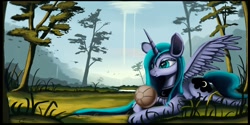 Size: 1264x632 | Tagged: safe, artist:auroriia, princess luna, g4, ball, female, prone, random, solo, tree