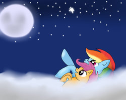 Size: 1024x819 | Tagged: safe, artist:kuromasaru, rainbow dash, scootaloo, g4, duo, stargazing