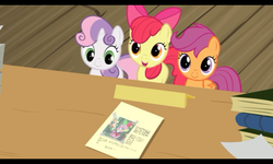 Size: 800x480 | Tagged: safe, screencap, apple bloom, scootaloo, spike, sweetie belle, g4, ponyville confidential, cute, cutie mark crusaders, gabby gums, newspaper, smiling