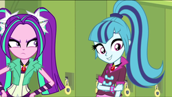 Size: 1680x949 | Tagged: safe, screencap, aria blaze, sonata dusk, equestria girls, g4, my little pony equestria girls: rainbow rocks, cute, cute face, female, gem, rubbing arm, siren gem, sonatabetes