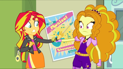 Size: 1680x948 | Tagged: safe, screencap, adagio dazzle, sunset shimmer, equestria girls, g4, my little pony equestria girls: rainbow rocks, clothes, cringing, cutie mark on clothes, don't you dare, duo, duo female, female, fingerless gloves, gem, glare, gloves, hand on wrist, jacket, jewelry, jumpsuit, leather, leather jacket, leggings, necklace, pendant, poster, shirt, siren gem, spiked belt, spiked headband, sunset shimmer's cutie mark, sunset shimmer's skirt, teeth