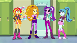 Size: 1680x947 | Tagged: safe, screencap, adagio dazzle, aria blaze, sonata dusk, sunset shimmer, equestria girls, g4, my little pony equestria girls: rainbow rocks, door, female, gem, lockers, poster, siren gem, the dazzlings