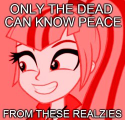 Size: 490x471 | Tagged: safe, sonata dusk, equestria girls, g4, my little pony equestria girls: rainbow rocks, female, for realzies, gem, image macro, meme, only the dead can know peace from this evil, siren gem, text